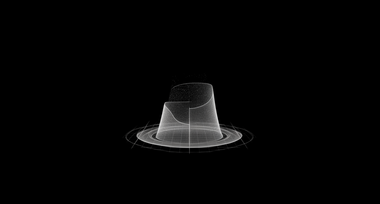 AI processing visualization showing a wireframe funnel with data particles being analyzed