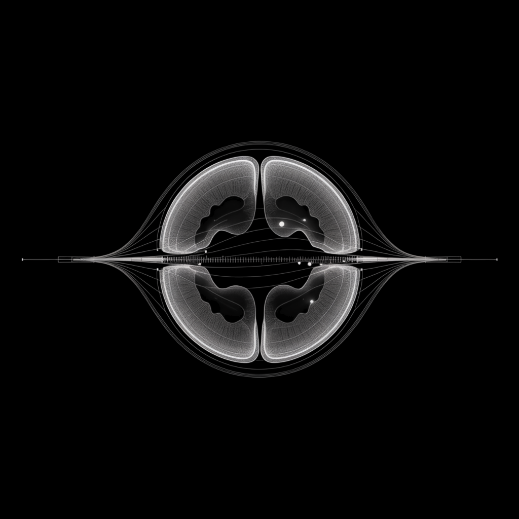Abstract visualization of an eye-like structure with data flowing into its center, representing AI analysis of retinal scans.