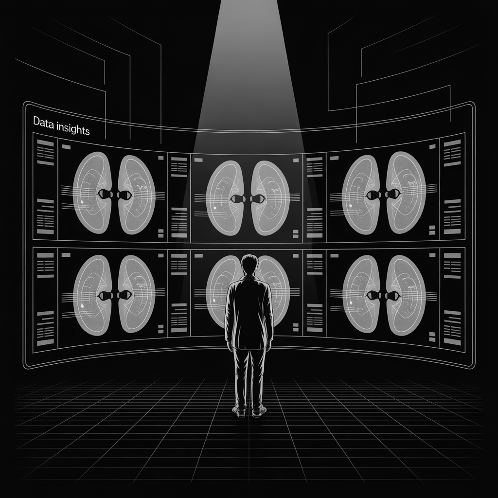 Researcher analyzing multiple retinal scans on a large data visualization display