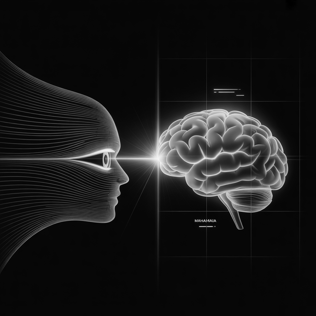 MAHAMAIA connects human vision with AI processing - visualized as a wireframe face with eye connected to a glowing brain