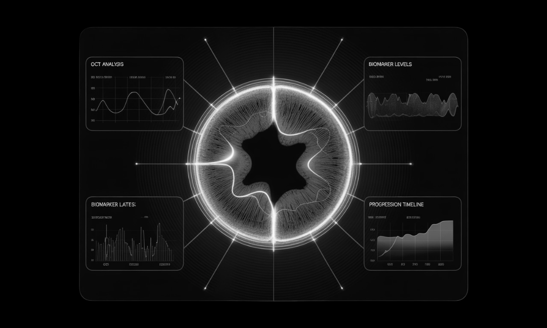 Comprehensive dashboard showing retinal scan analysis with biomarker detection and progression timeline